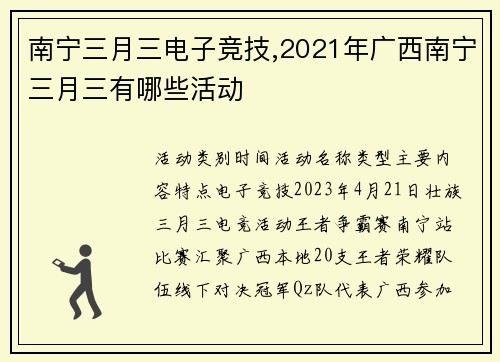 南宁三月三电子竞技,2021年广西南宁三月三有哪些活动